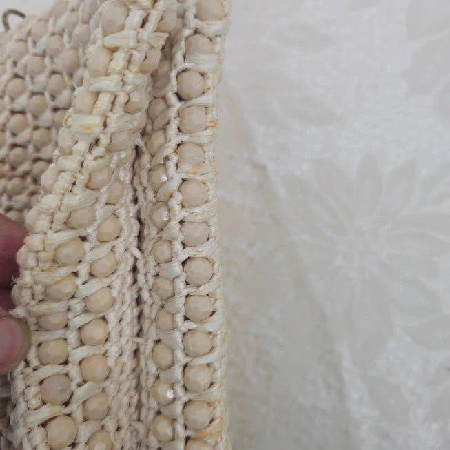 Cream Crochet Beaded Evening Bag Chain Strap Shoulder Purse Bohomian Bridal