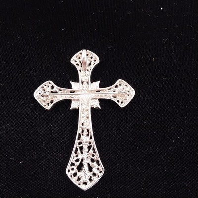 Silvertone Iridescent Rhinestone Filigree Cross Brooch Pendant Religious Jewelry