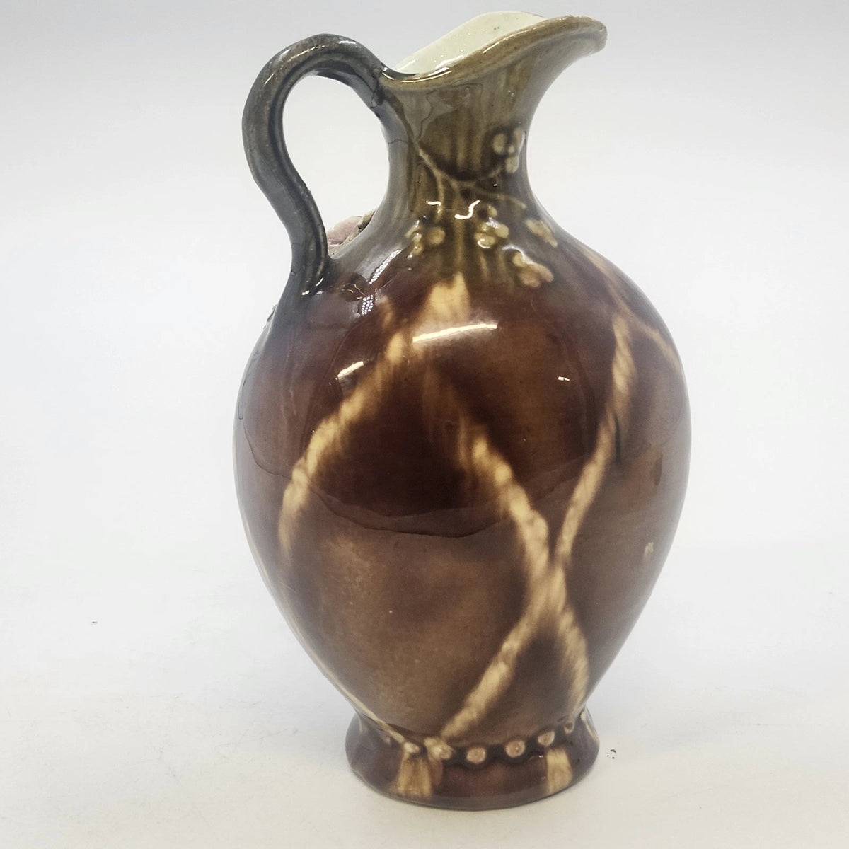 Pottery Pitcher 5" Brown Drip Glaze Hand Applied Floral Art Signed G. Wyand Vtg