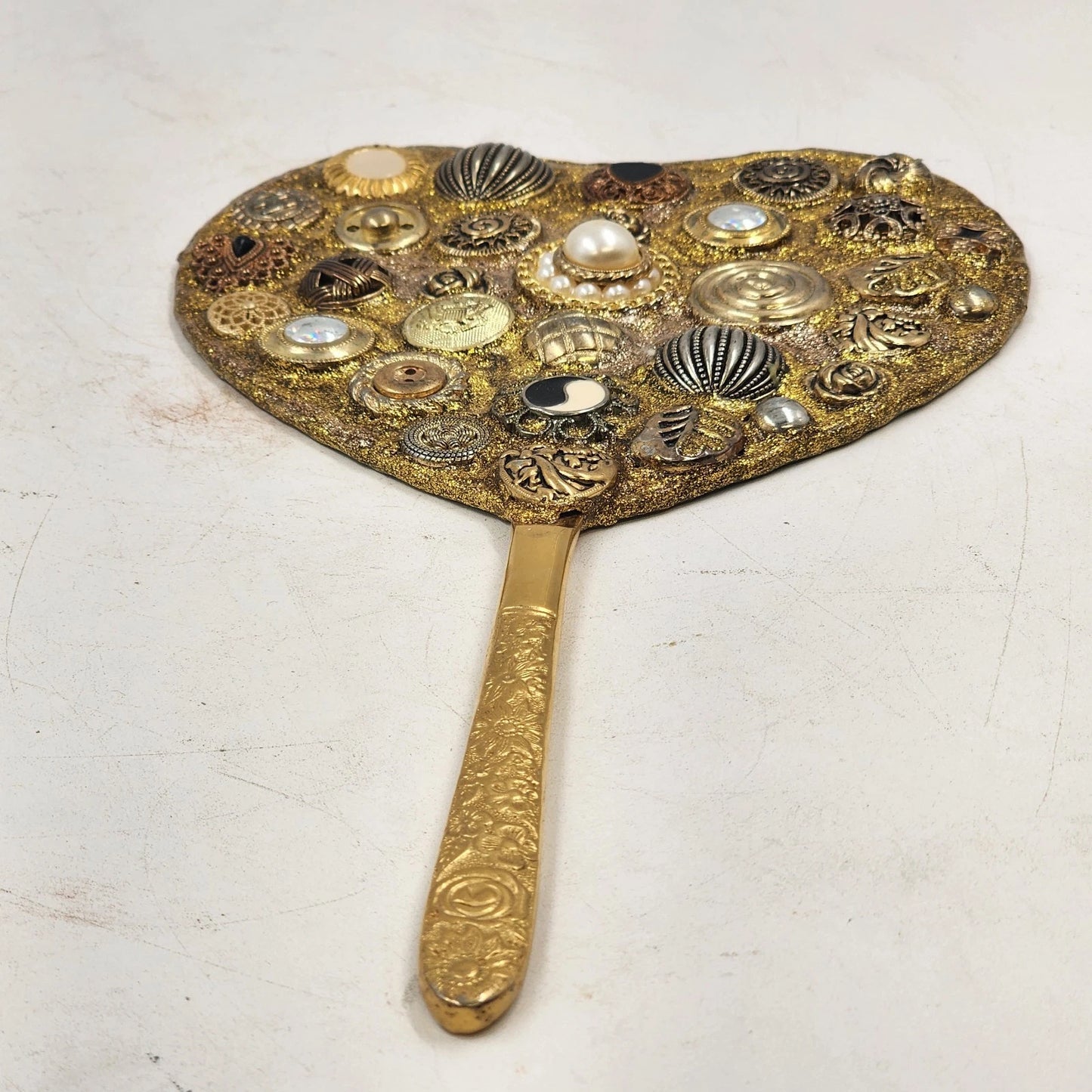 Ornate Vanity Hand Mirror Hand Crafted Upcycle Heart Shape Beveled Glass