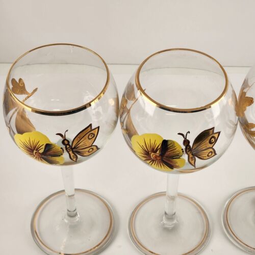 Romanian Wine Decanter Lid & 4 Stemmed Glasses Hand Painted Pansies Butterflies