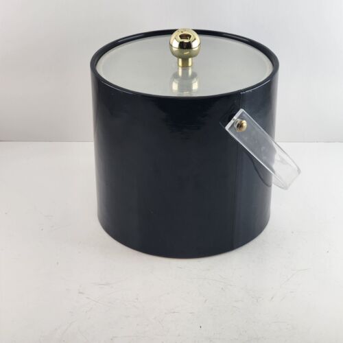 Black Acrylic Ice Bucket Clear MCM Mod Vintage Vinyl Plastic Gold Knob Handle 7"