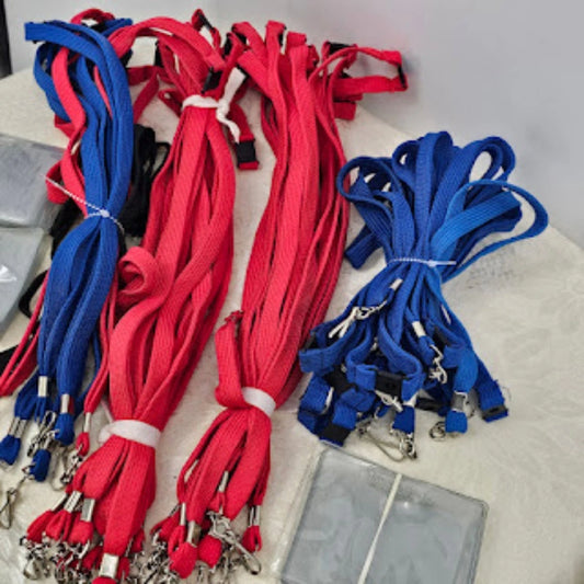 39pc Nylon Lanyard Lot Red Blue Breakaway Safety 25 Badge Holders Wholesale NOS