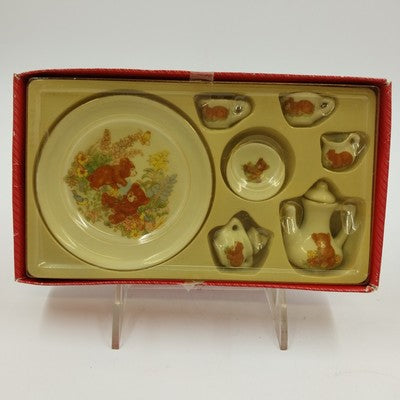 10pc Mini Tea Set Porcelain Floral Bears Collectible w/ Box 4"