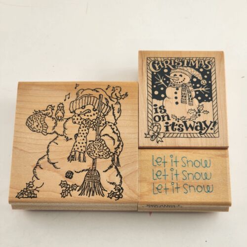 Lot of 3 Hampton Art Holiday and Snowmen Themed Wooden Mounted Rubber Stamps Vtg