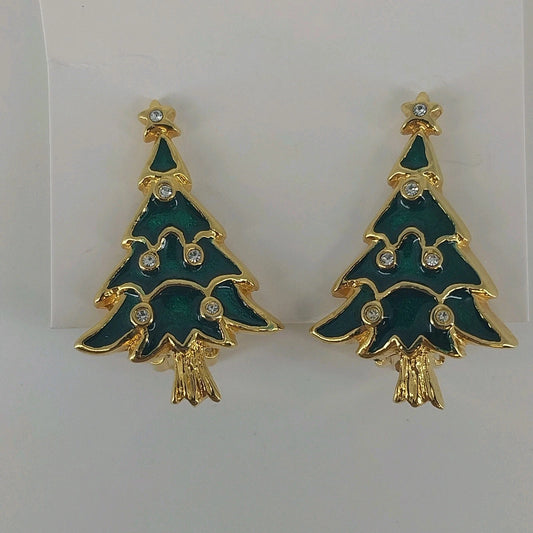 Christmas Tree Clip On Earrings Green Gold Tone Rhinestone Vintage Holiday 1990s