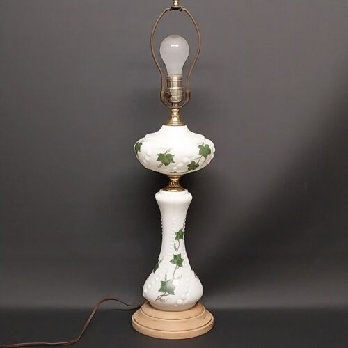 Milk Glass Table Lamp Hand-Painted Green Ivy 3-way Switch Wood Base 21" No Shade