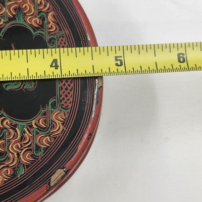 Vintage Lacquerware Coaster Set – 6 Matching Ceramic Foo Dog Coasters in Black, Red & Gold with Storage Box – Asian Guardian Lion Motif