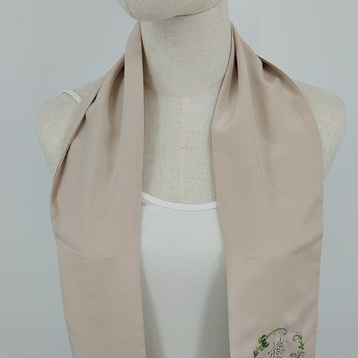 Beige Silk Scarf 10.5"x52" Embroidered Flower Chinese Letters Fringed Edge China