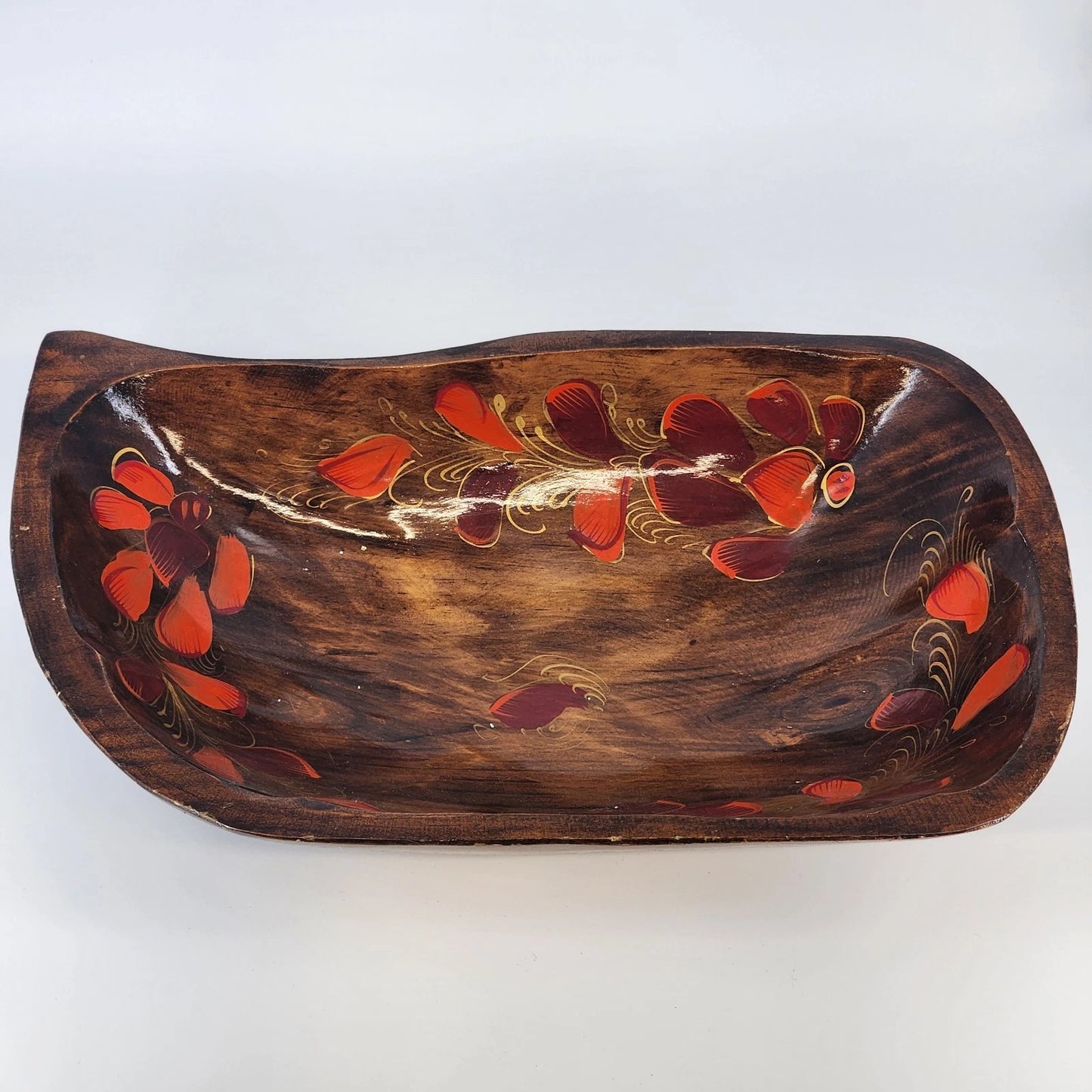 Hand Carved Wood Bowl Floral Lacquered 16" Large Organic Centerpiece 1980's Vtg
