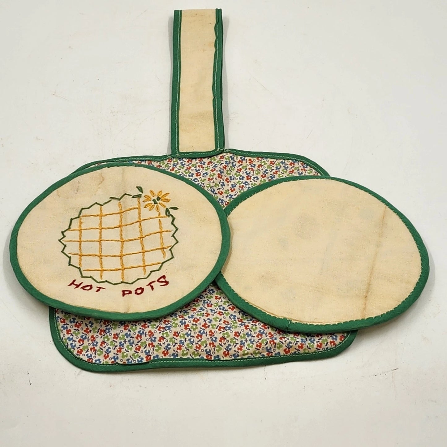 3 Pot Holder Set 1 Sq 2 Round Strap Yellow & Green Embroidery Be Safe Puppy Vtg