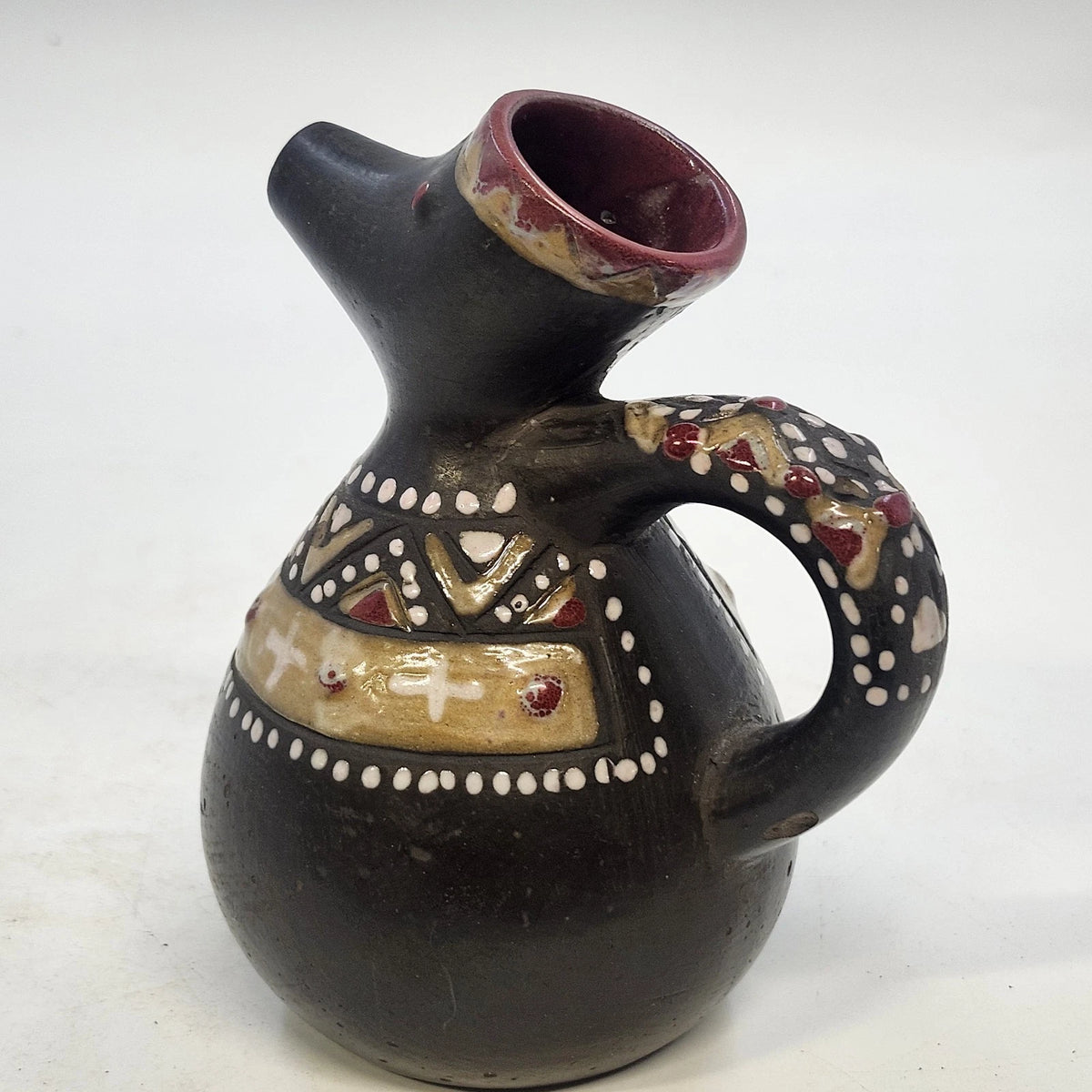 Ukrainian Art Pottery Pitcher Black Red Tan Raised Geometric Elongated Spout Vtg