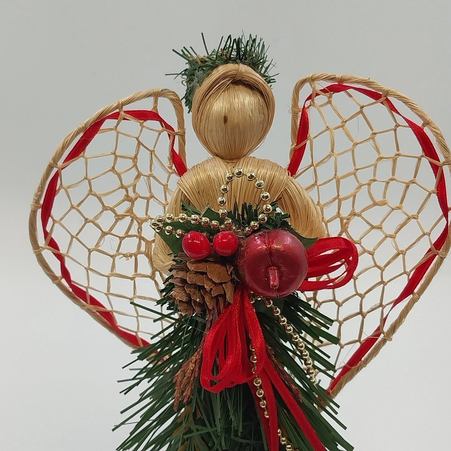Handcrafted Natural Fiber Angel Woven Wings Pine Berry Apple Christmas 10.25"