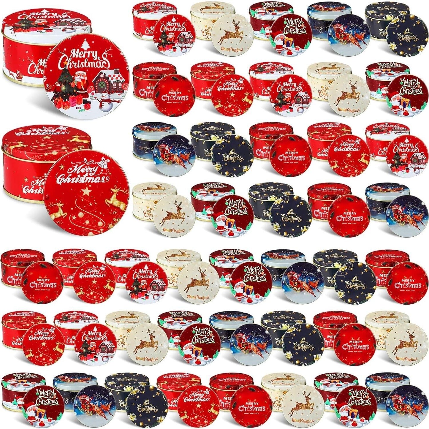 48 Pc Christmas Cookie Tins with Lids Round Metal Christmas Tins 3.5 oz 3" x 1¾"