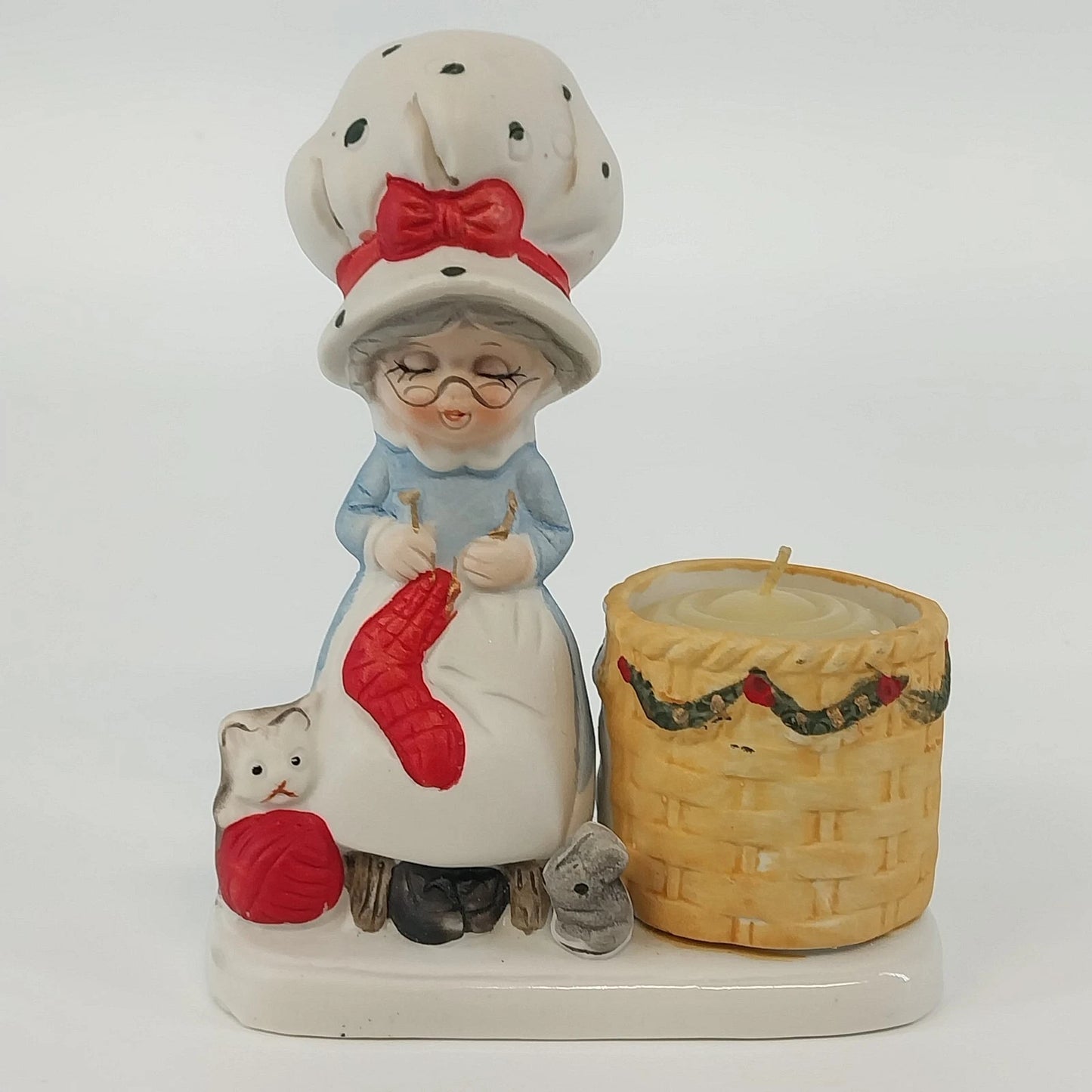 Jasco Christmas Luvkins Mrs Claus Candle Holder Knitting Cat Porcelain 1978 Vtg