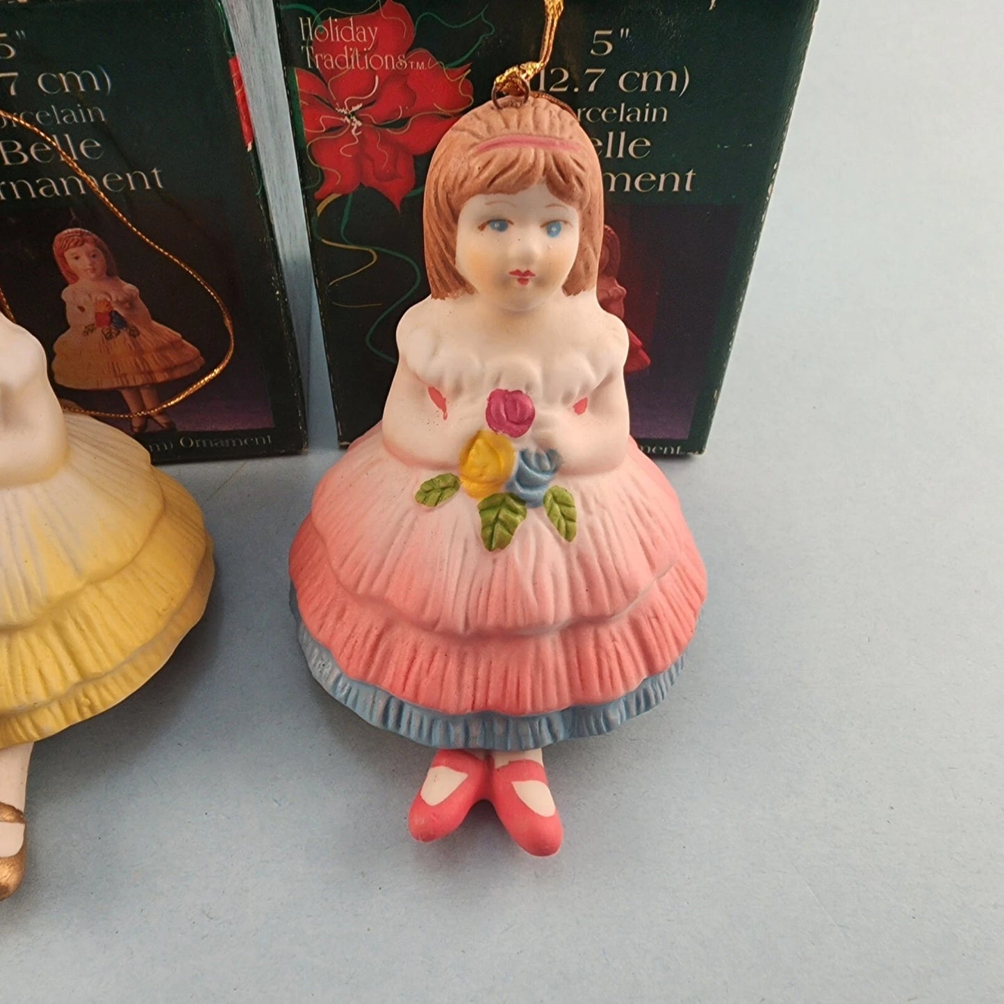 3 Young Girl Christmas Ornaments Porcelain Bell Hanging Leg Chimes w Box Vintage