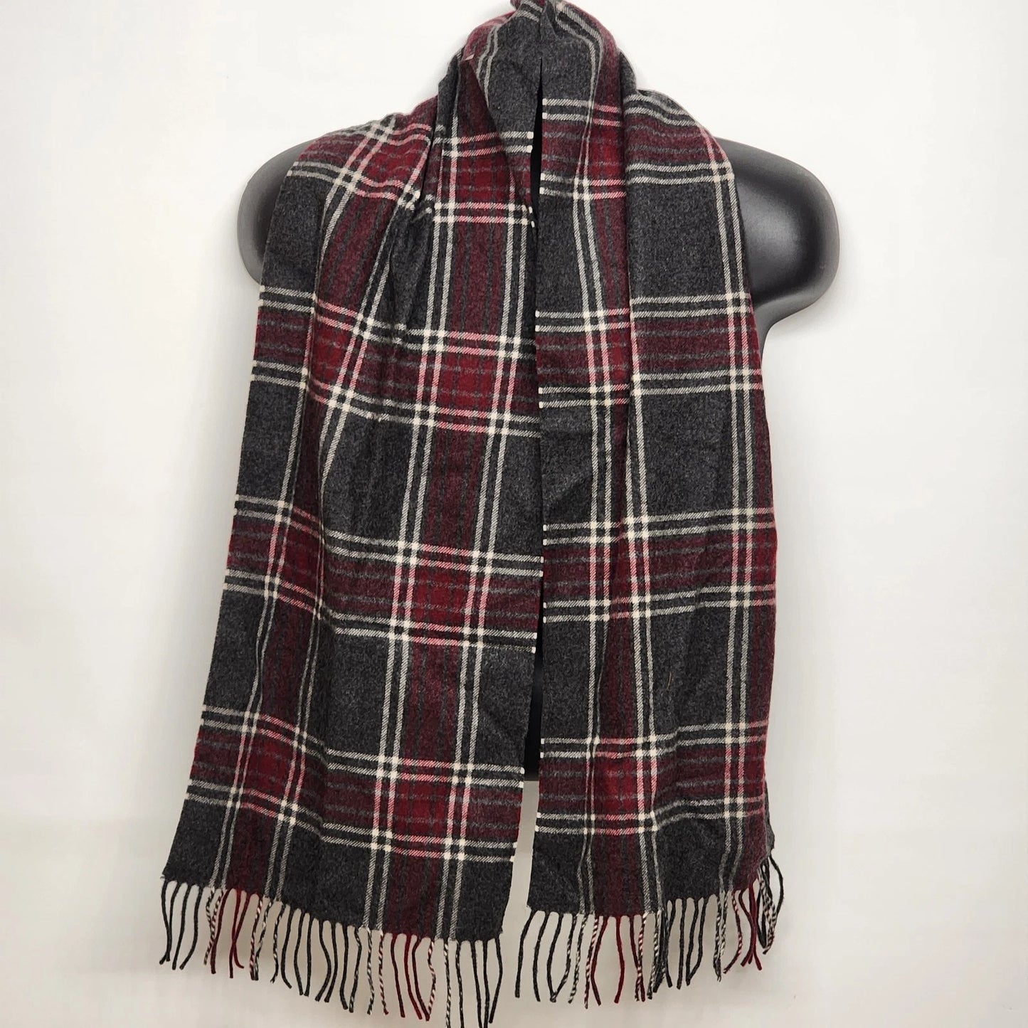 Jos A Bank 100% Cashmere Scarf Burgundy Gray Plaid Check Fringed Oblong 60"x12"