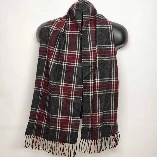 Jos A Bank 100% Cashmere Scarf Burgundy Gray Plaid Check Fringed Oblong 60"x12"