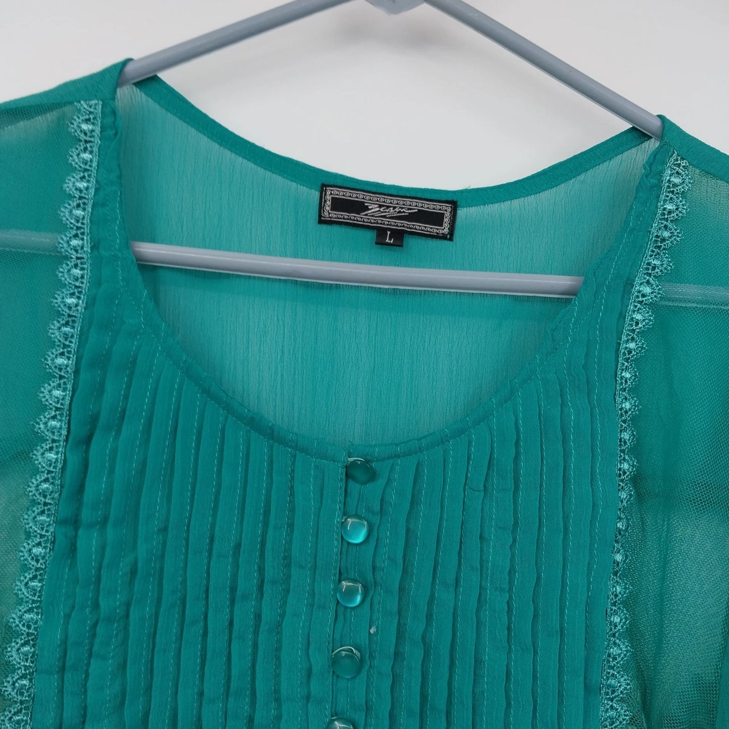 Zacin Women's Green Lace Mesh Tunic Blouse Long Sleeve Lined Top Size Large