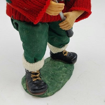 Golfing Santa Figurine Holiday Decoration 10" Fabric Mache Red Sweater Golf Bag