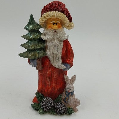 Christmas Santa Claus Resin Figurine Carved Look Holding Tree w Rabbit at Feet