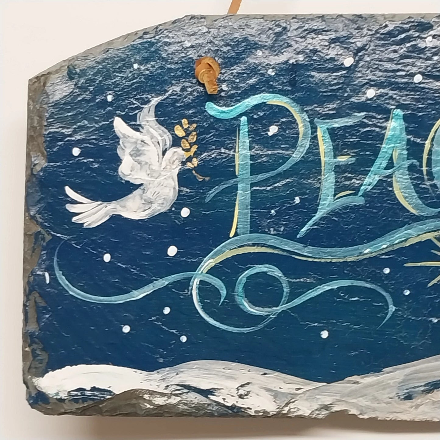 Hand Painted Slate Peace Plaque Dove Star Wall Decor 10.5" Leather Hanger