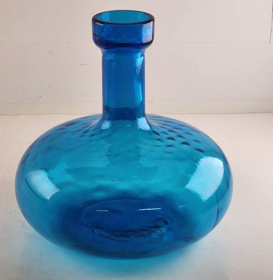 Blue Italian Glass Diamond Puff Genie Bottle Decanter Flange Vintage 8.5" x 8"