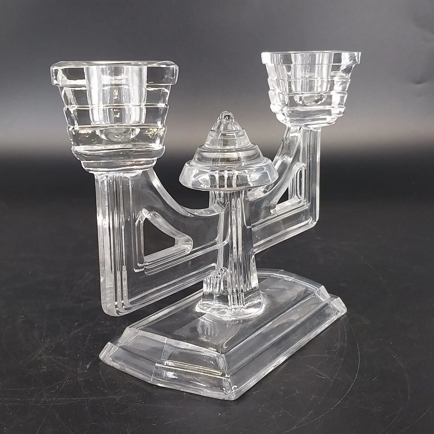 New Martinsville Art Deco Clear Glass Double Candle Holder Candelabra Vtg