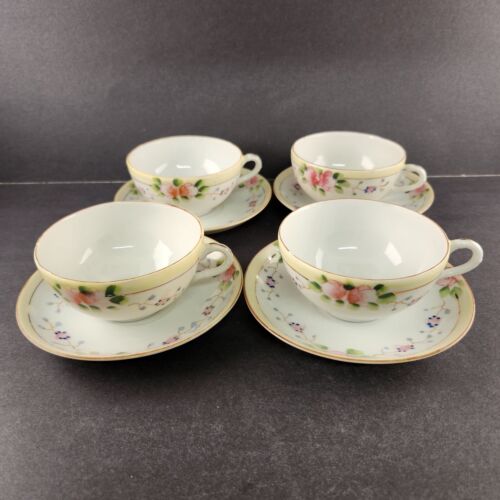 TT Triangle 4 Cup & Saucer Sets Pink & Yellow Roses Antique Japan 1 Cup Chipped