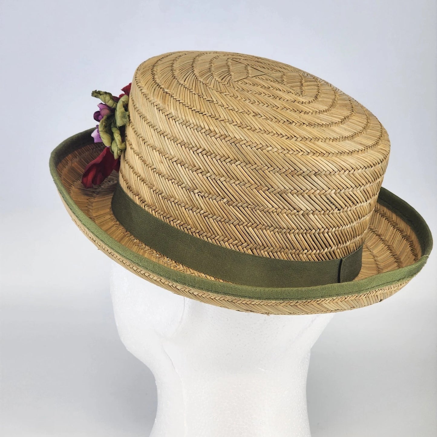 Vintage Straw Boater Hat Green Band Red Flower Ted Jacobs Box