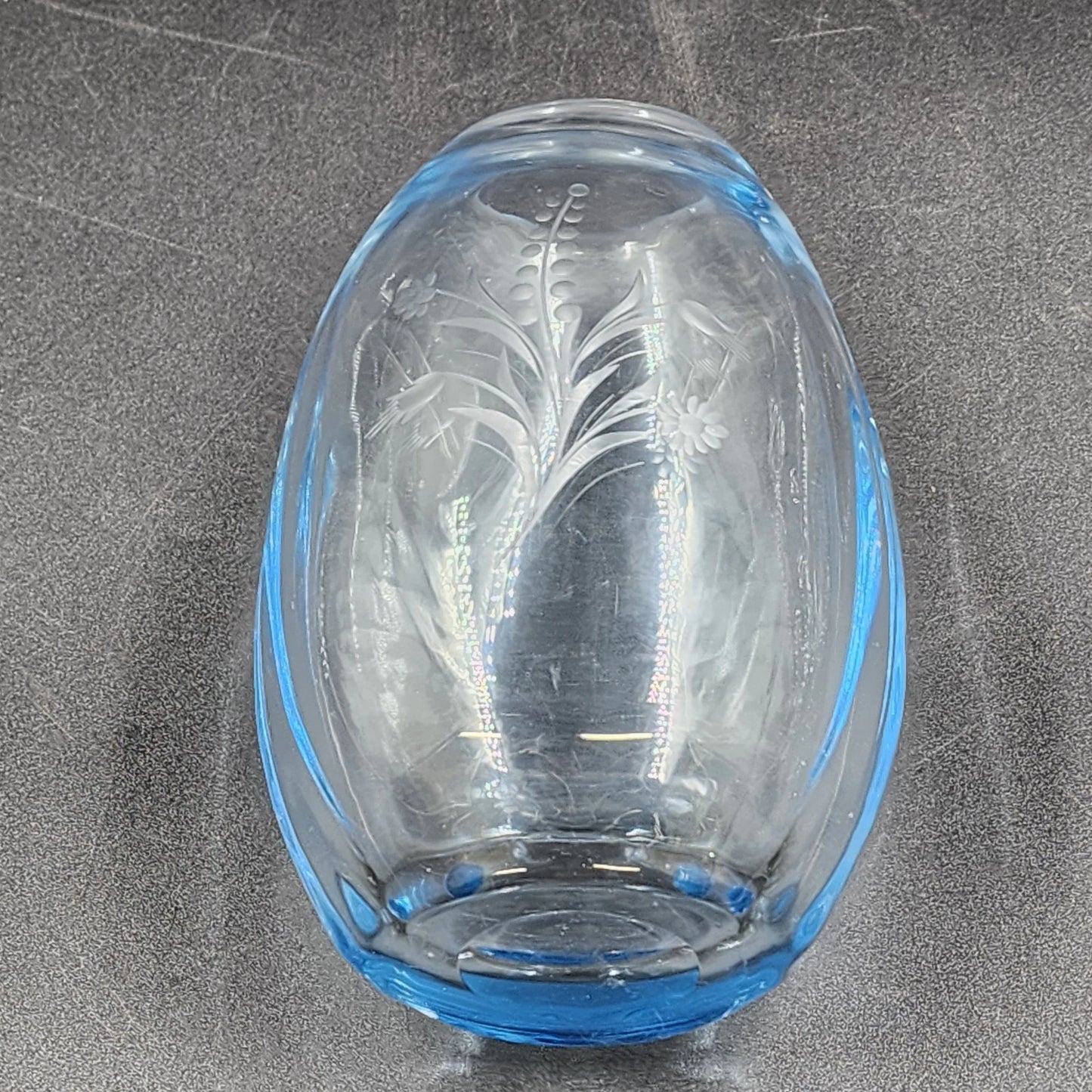 Hand Blown Blue Tint Glass Vase Etched Floral Scandinavian Swedish Oval 6.75″