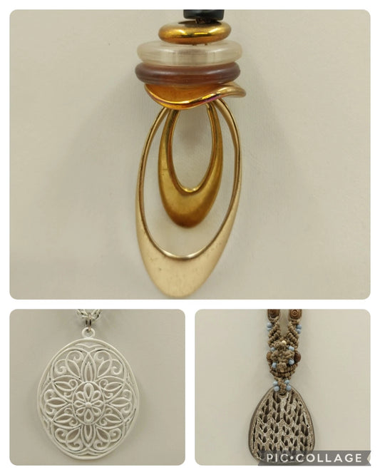 Lot 3 Pendant Necklaces White Enamel Filagree Gold Tone Signed PHD Clay Cor