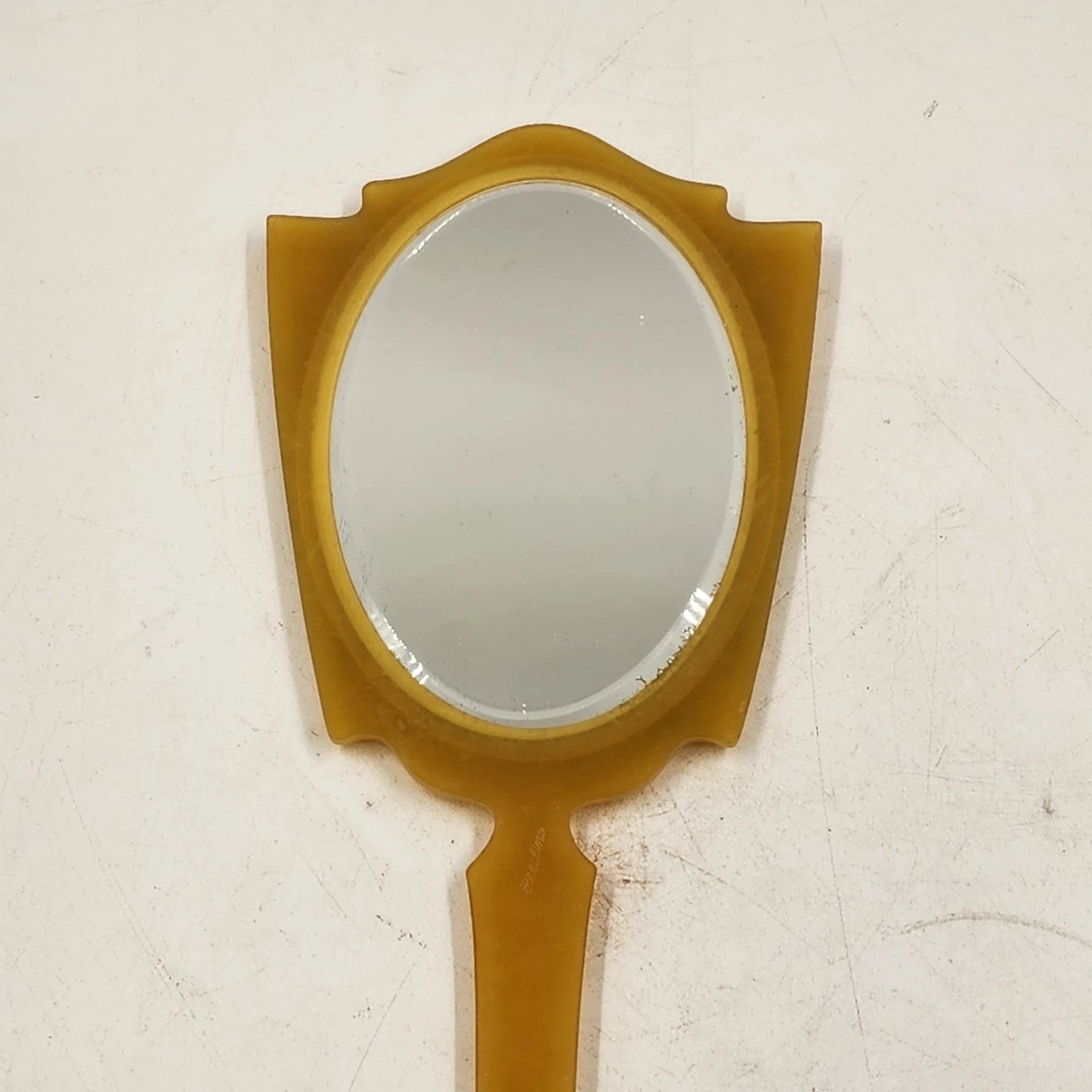 Bakelite Celluloid Hand Vanity Mirror 15" Long Butterscotch Lady Image Art Deco