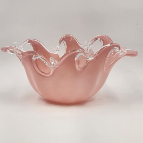 Murano Glass White Crystal Pink Bowl Handmade Italy Italian Blown Glass Oblong