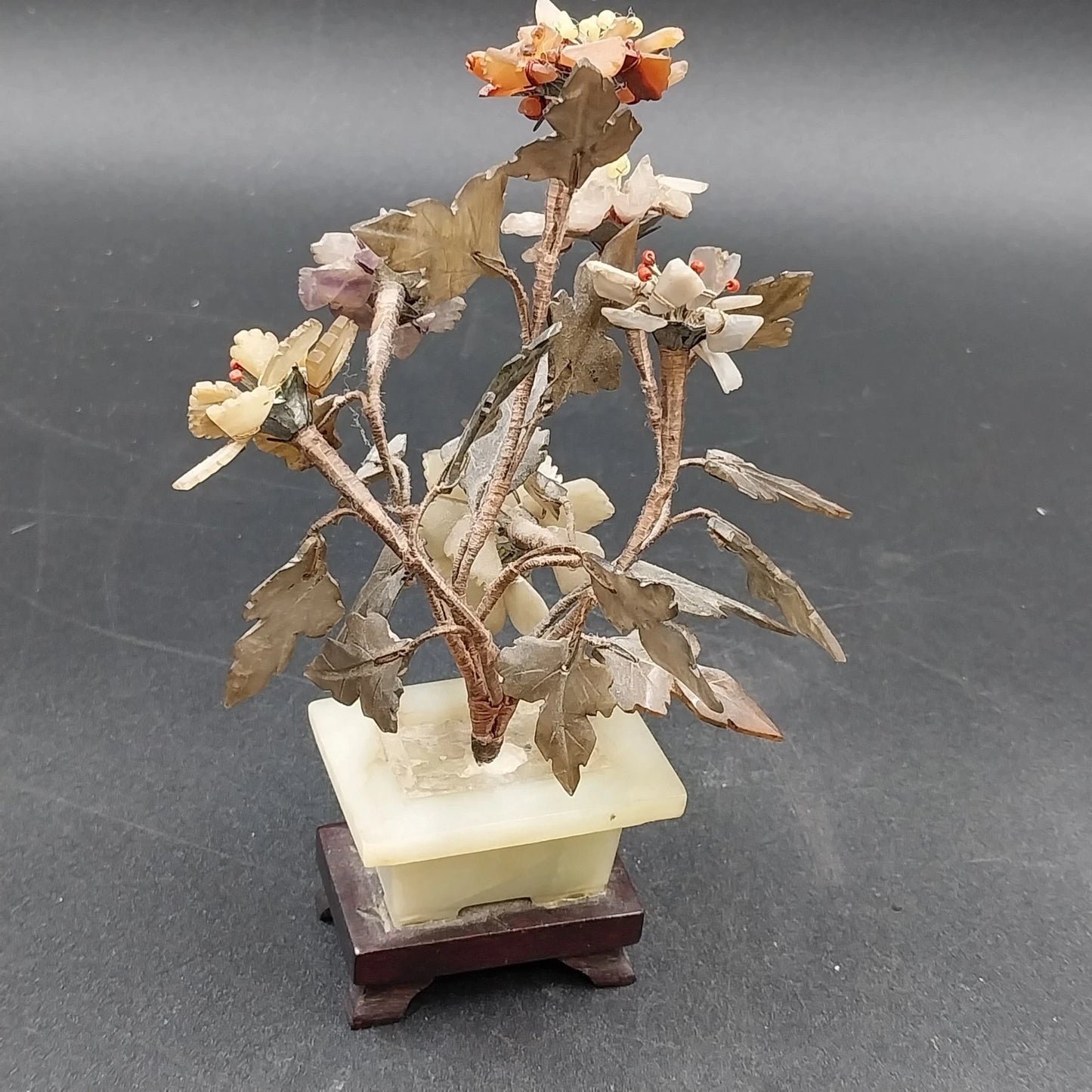 Chinese Jade & Hardstone Bonsai Tree Sculpture 6.5" Faux Marble & Wood Base