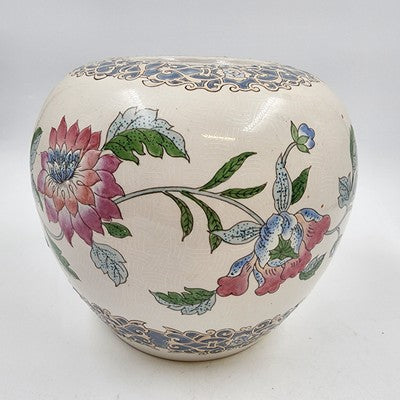 Large Macau Ginger Jar Vase 8"x9.5" Hand Painted Pink Blue Floral White VTG