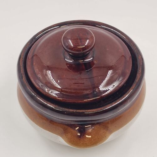 French Onion Soup Bowl Crock w Lid Casserole Dish Finger Grips Brown Stoneware