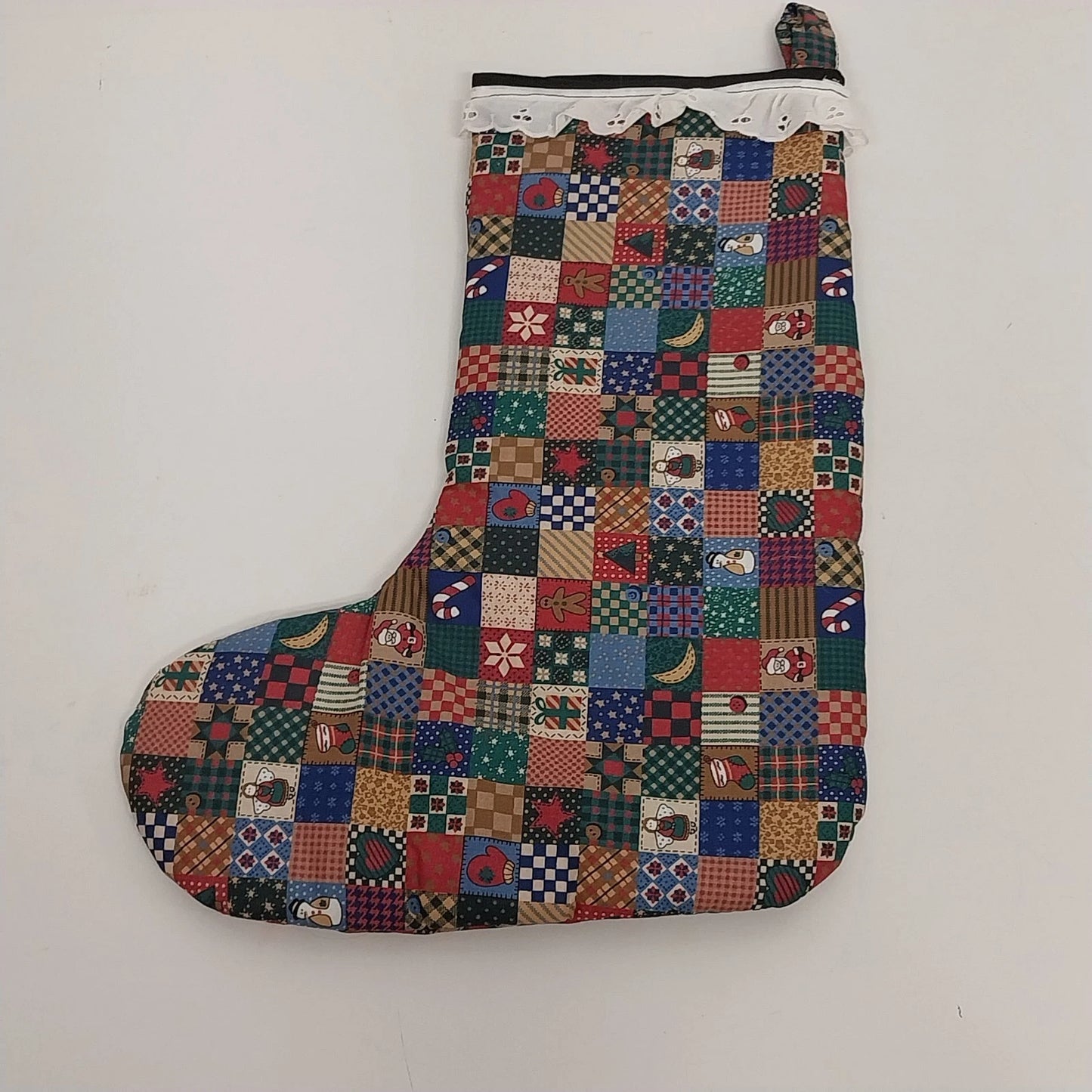 Homespun Holidays Christmas Stocking Patchwork Cotton Heart Lace Button 15" Vtg