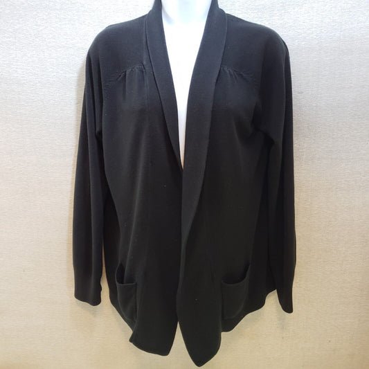 Debbie Morgan Cardigan Wrap Black XL Sweater Open Front Acrylic Patch Pockets