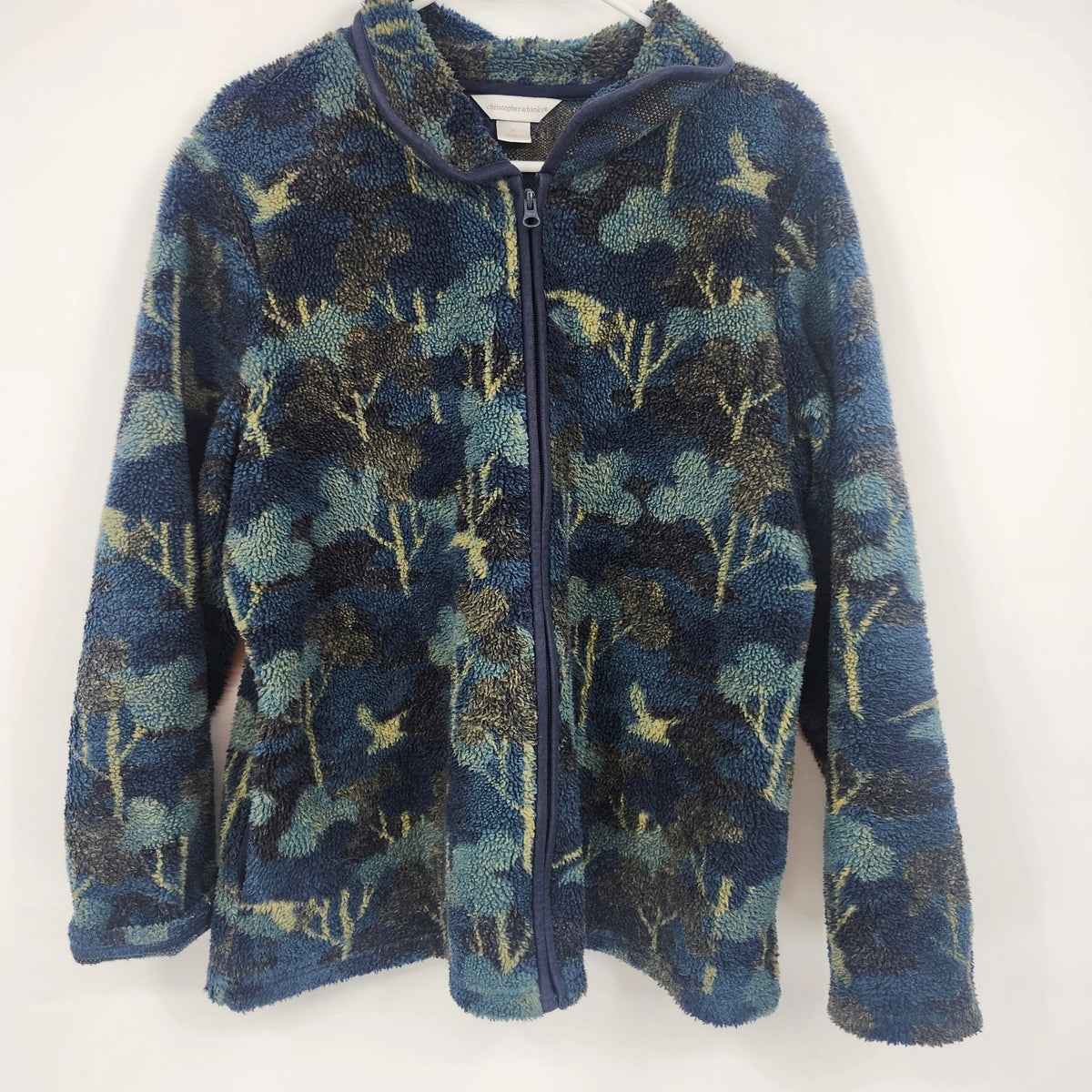 Christopher & Banks Women's Fleece Jacket XL Blue Floral Birds Nature Full Zip