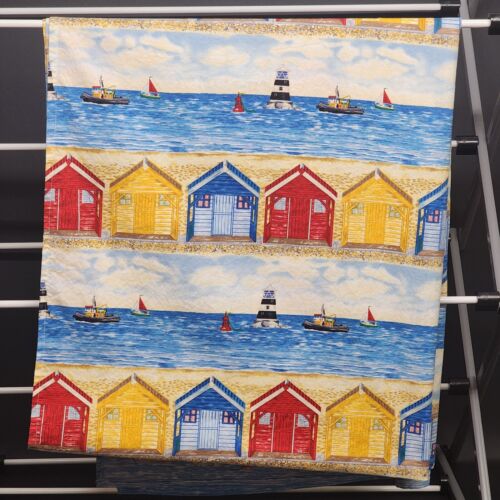 Blue Red and Yellow Linen Tablecloth Coastal Seaside Scene Ocean Beach Themed