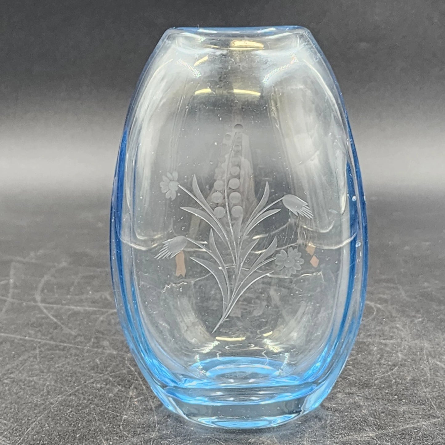 Hand Blown Blue Tint Glass Vase Etched Floral Scandinavian Swedish Oval 6.75″