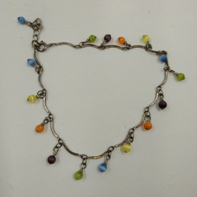 Gold Tone Chain Ankle Bracelet w/ Frosted Multicolor Beads