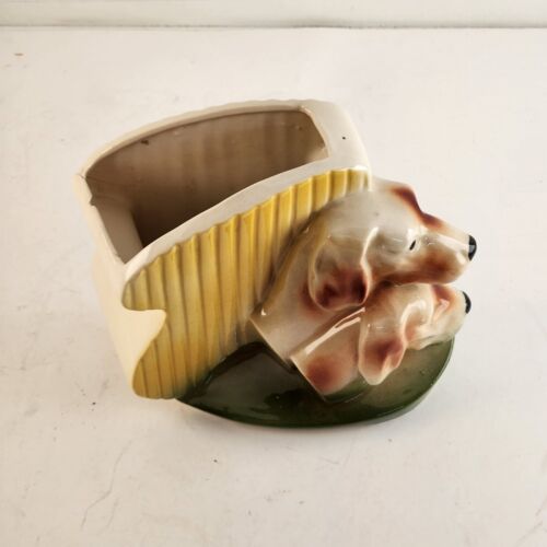 Ceramic Yellow and Green Dog Garden Planter Ribbed Flower Pot Vintage MCM