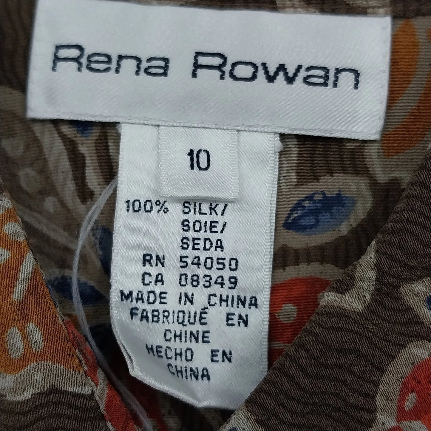 Rena Rowan Floral Silk Blouse Women's Size 10 Brown Short Sleeve Button Front