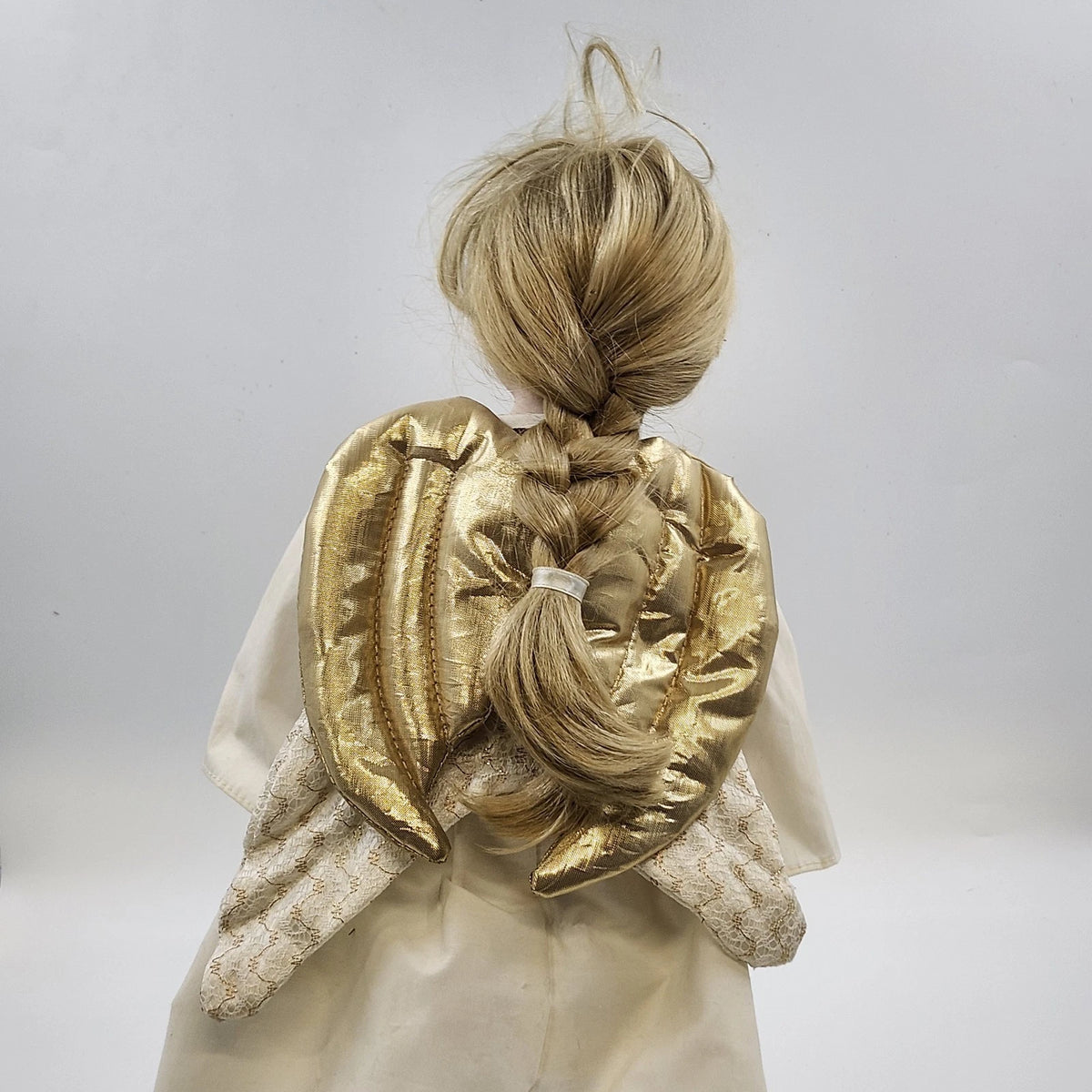 Porcelain Angel Doll Blonde White Robe Gold Wings Cross Stand 17" China Vintage