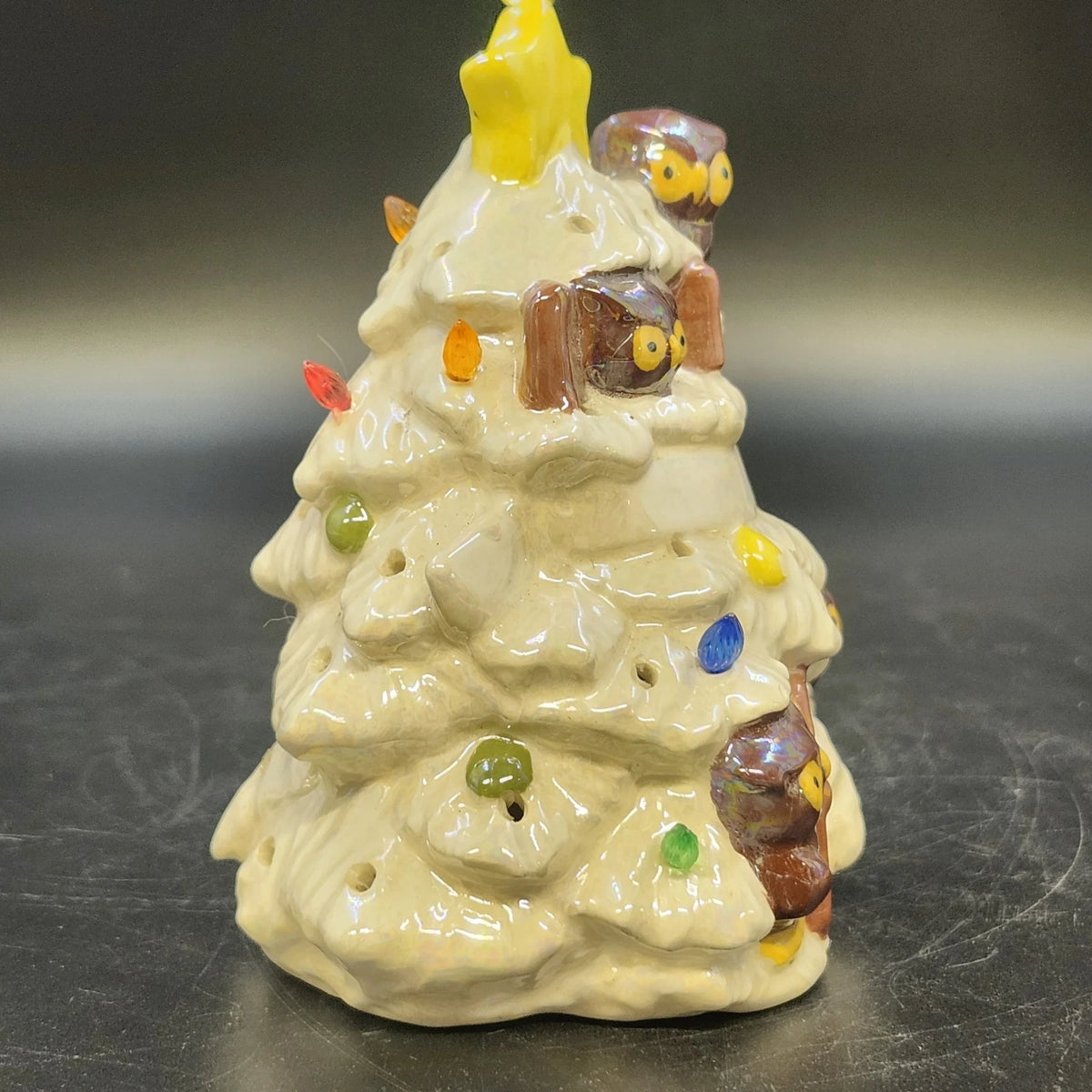 Ceramic Christmas Tree Owl Figurine Iridescent Glaze Light Holes Star on Top 5"