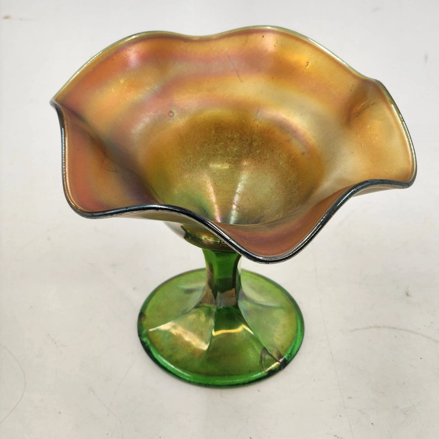 Northwood Carnival Glass Green Smooth Ray Compote Dish Ruffled Iridescent 1908