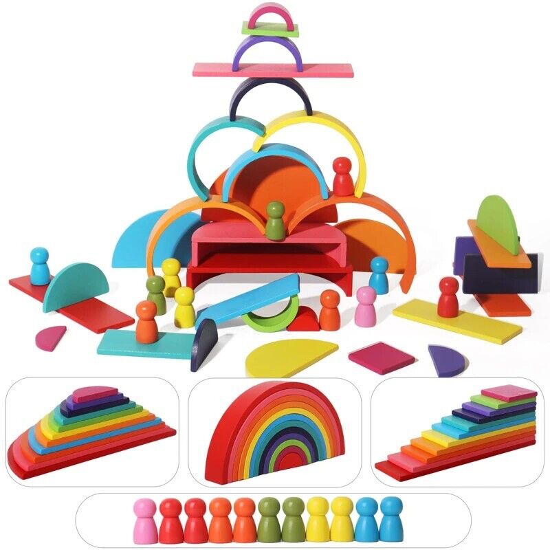 45-Piece Wooden Building Block Rainbow Stack Set 4 Shape Sets for Preschoolers