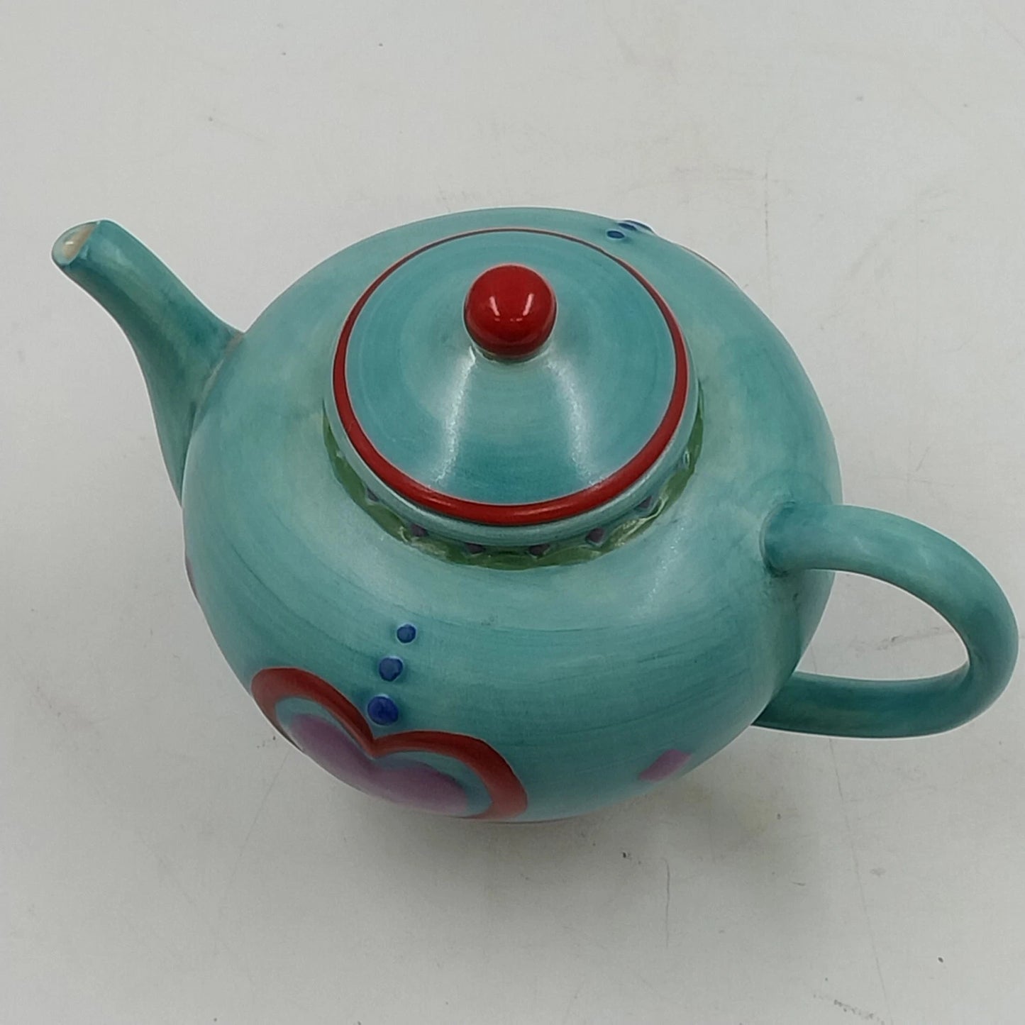 Jim Shore Teapot Candle Enesco Heartwood Creek Blue w Red Heart Ceramic Chip Lid